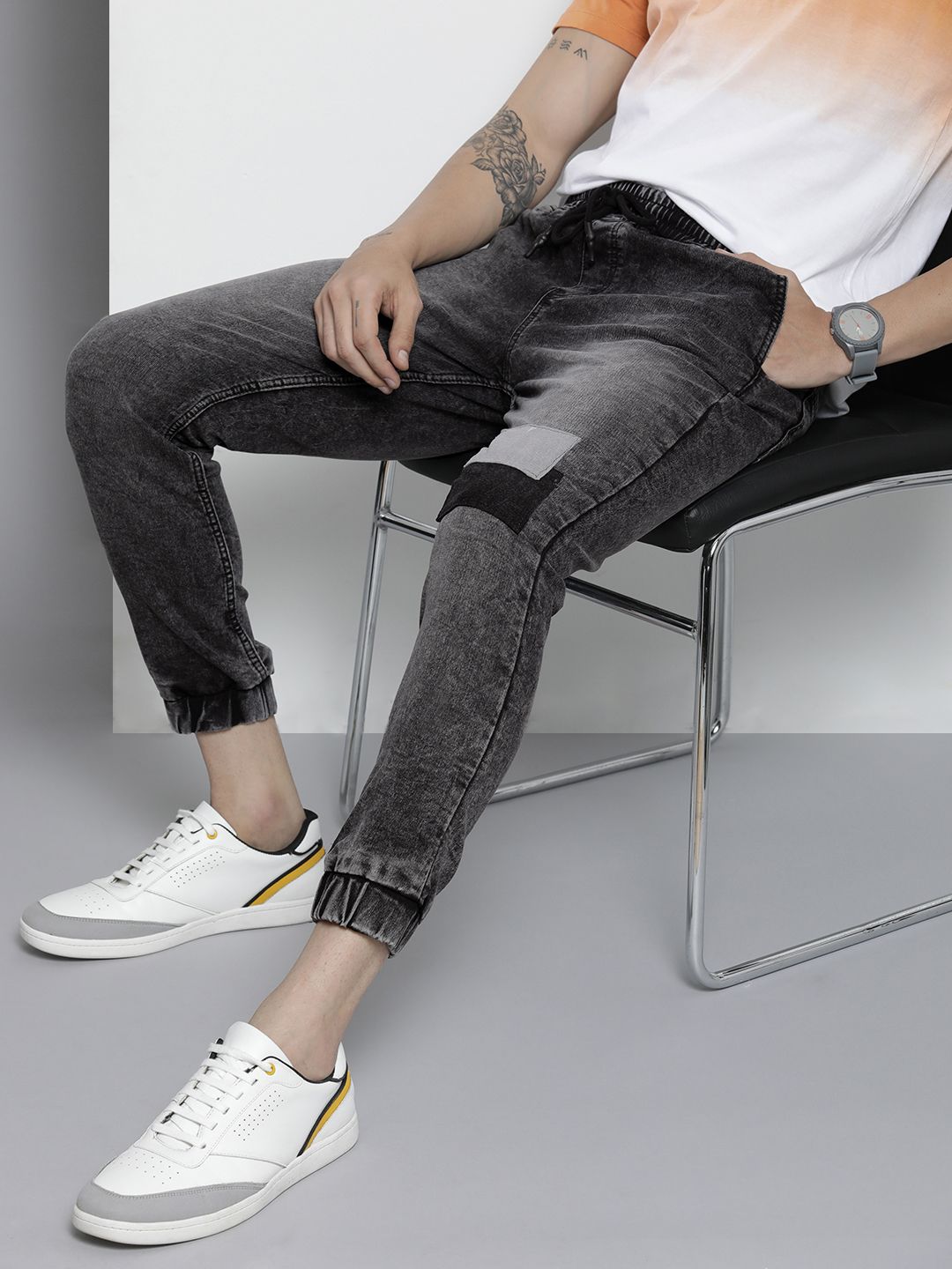 The Indian Garage Co Men Black Jean Slim Fit Heavy Fade Cuffed Hem Patch Work Jeans