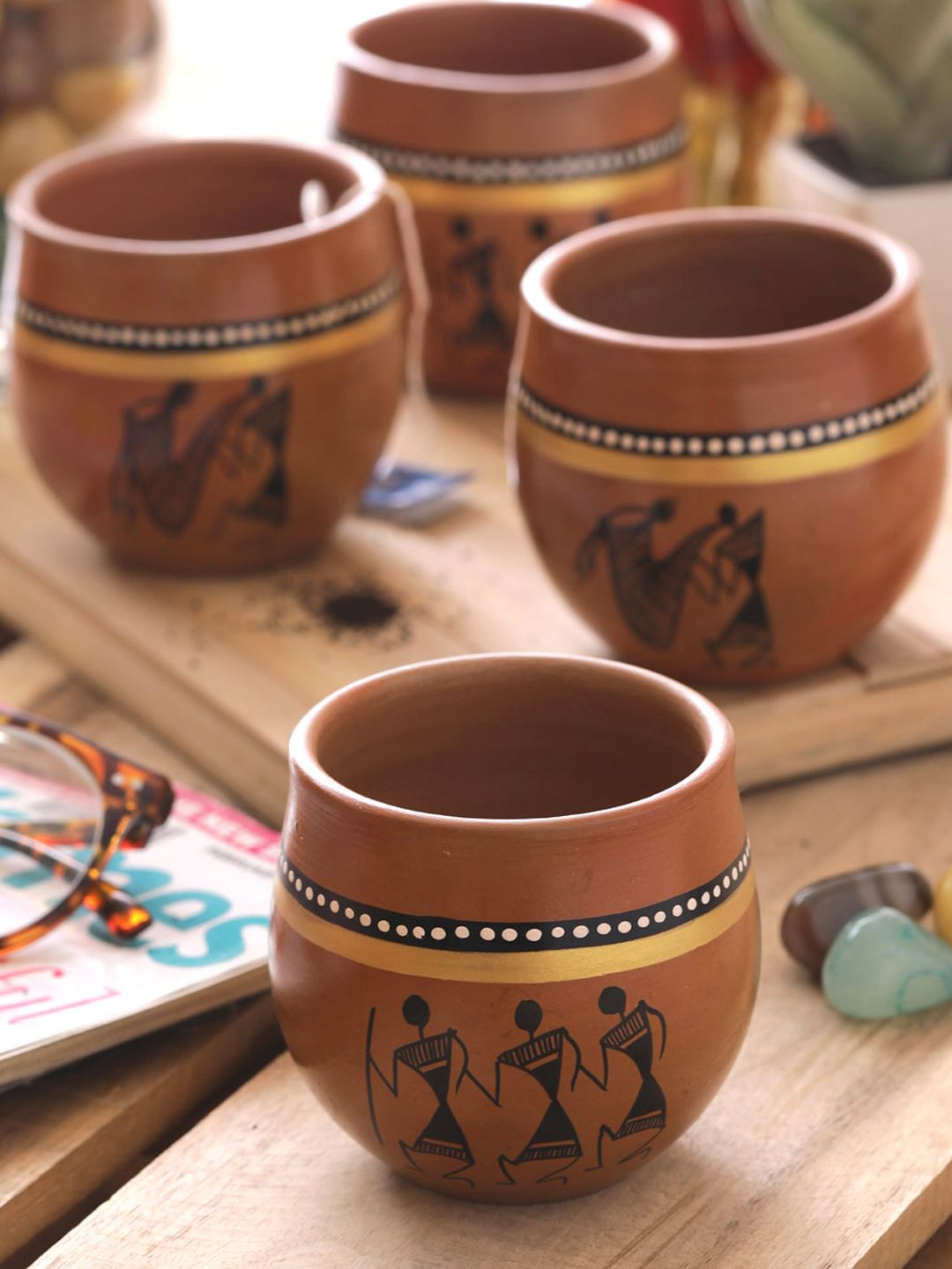 VarEesha Set of 4 Brown Handpainted Terracotta Kulhad Cups Price in India