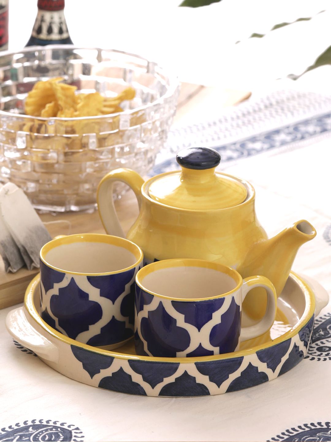 VarEesha Blue & Yellow Ceramic Handcrafted Cups & Kettle with Tray Gift Set Price in India