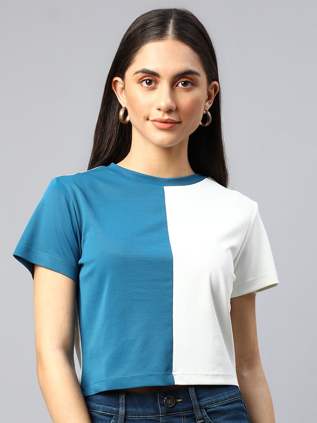 Xpose Women Blue & White Colourblocked Top Price in India