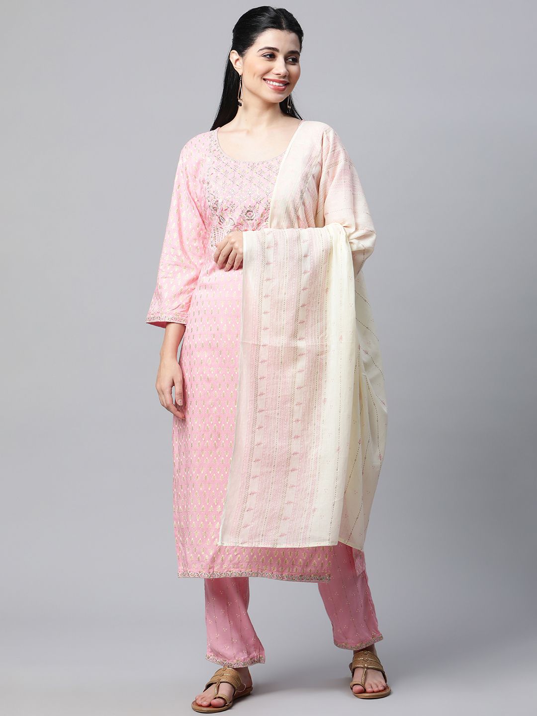 mokshi Women Pink & Golden Ethnic Printed Sequinned Kurta with Trousers & Dupatta Price in India
