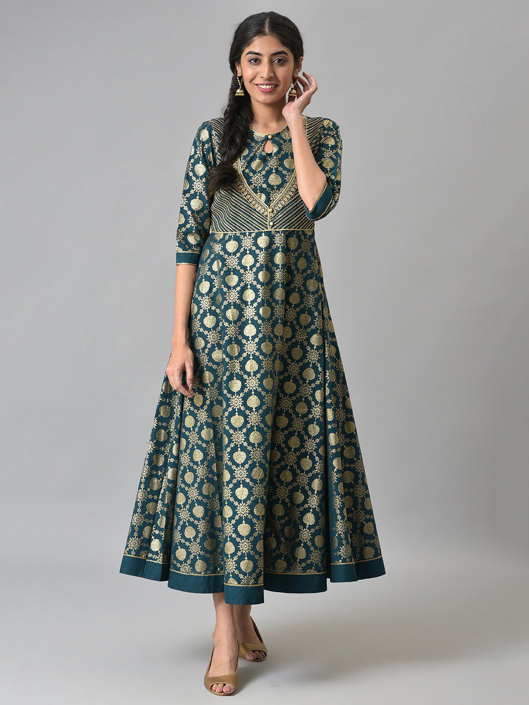 AURELIA Green Ethnic Motifs Cotton Maxi Dress Price in India
