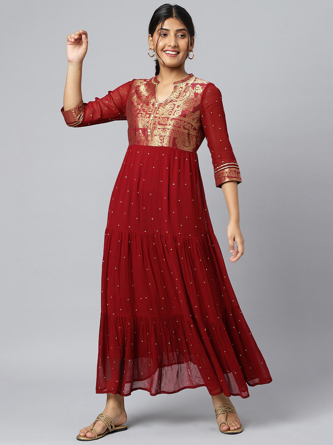 AURELIA Maroon & Gold Printed Ethnic Motifs Maxi Dress Price in India