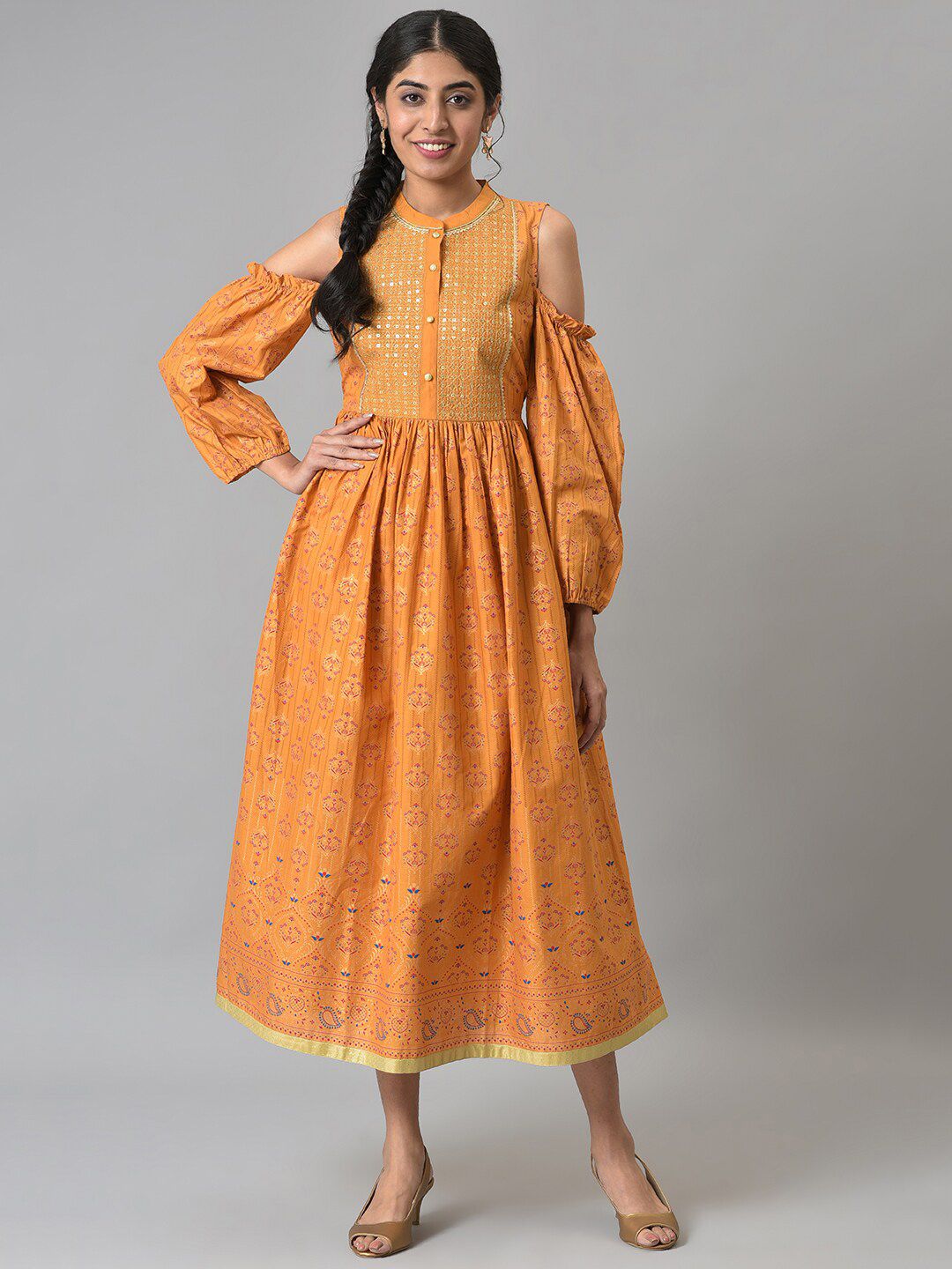 AURELIA Yellow Ethnic Motifs A-Line Midi Dress Price in India