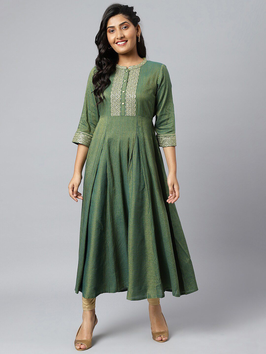 AURELIA Green & Gold-Toned Embellished Striped Ethnic Maxi Dress Price in India