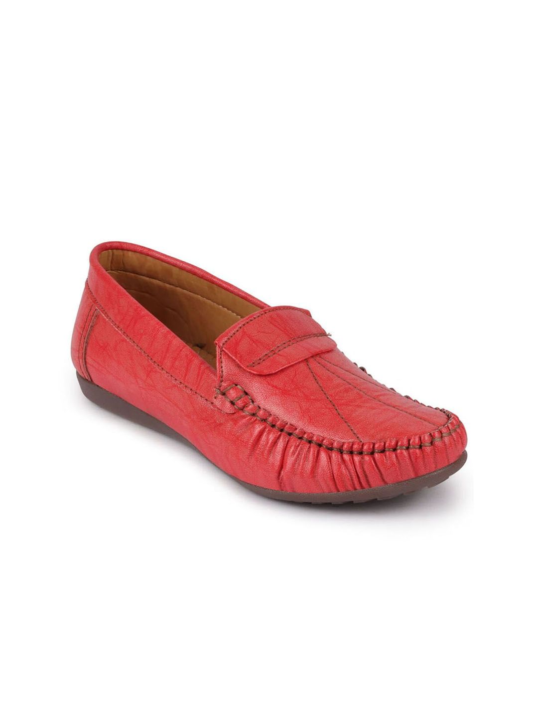 FAUSTO Women Red Textured Lightweight PU Loafers Price in India