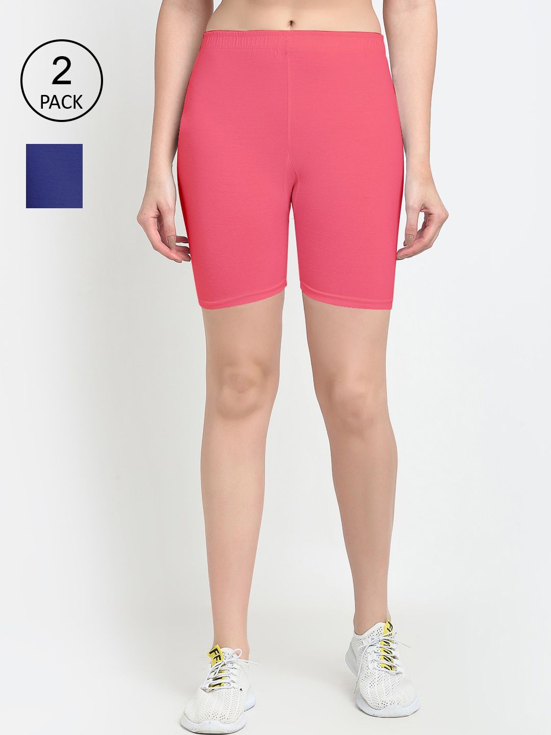 GRACIT Women Set Of 2 Blue & Pink Solid Cotton Shorts Price in India