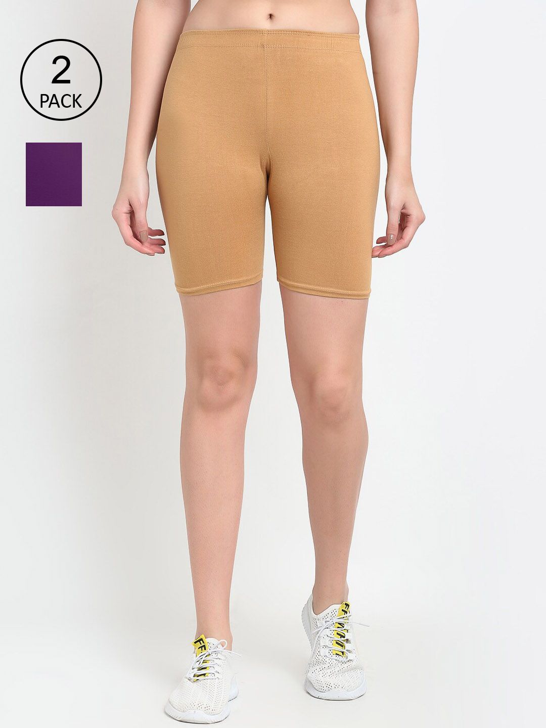 GRACIT Women Set Of 2 Beige & Purple Solid Cycling Shorts Price in India