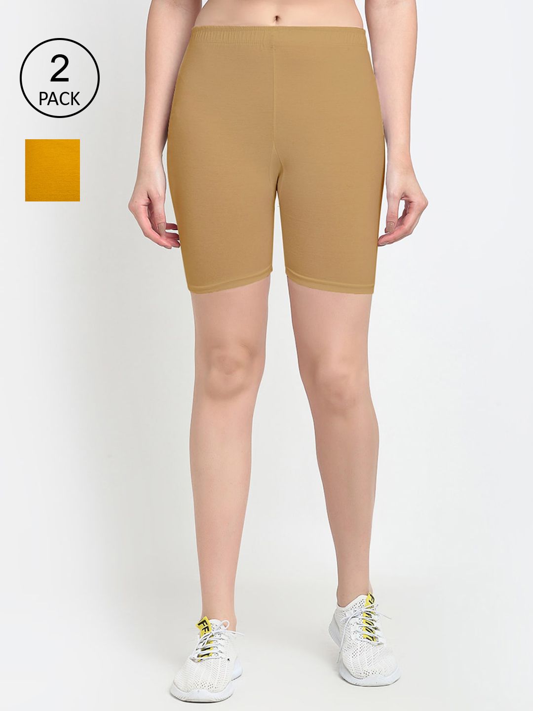 GRACIT Pack of 2 Women Yellow & Brown Solid Cotton Cycling Shorts Price in India