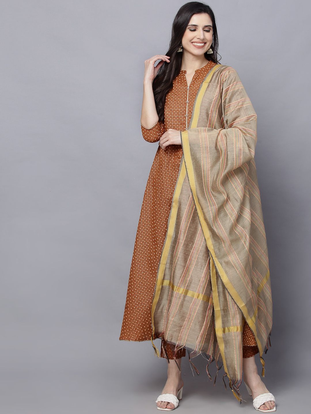 HERE&NOW Women Brown Ethnic Motifs Printed Pure Cotton Kurta with Trousers & With Dupatta Price in India