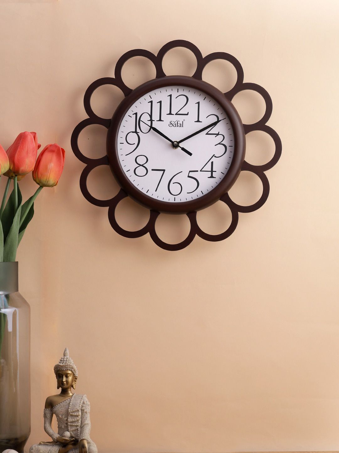 Safal Brown & White Floral Wooden Contemporary Wall Clock Price in India