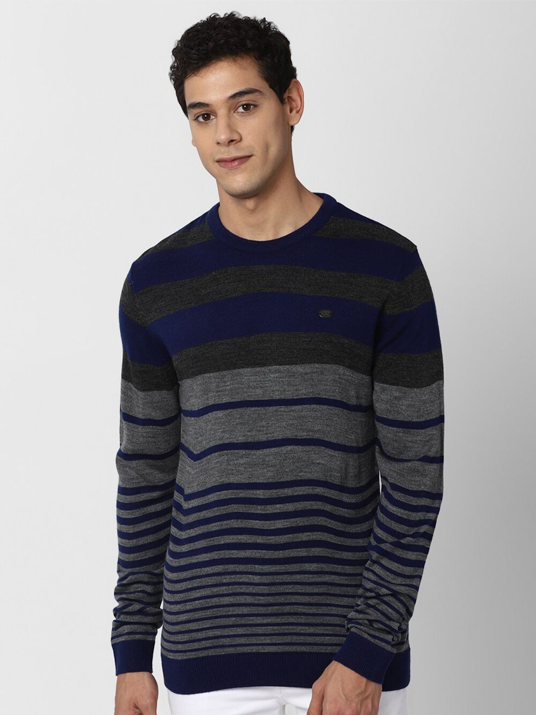 Peter England Casuals Men Navy Blue & Grey Striped Pullover