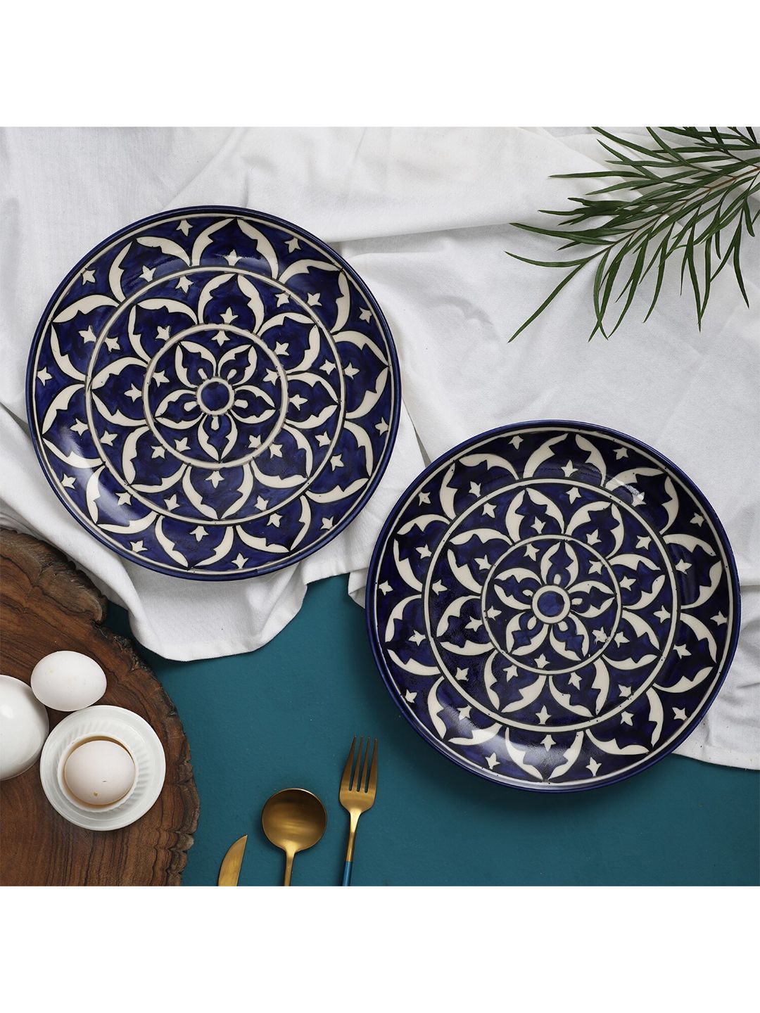 The Decor Mart Blue & Off White Pack Of 2 Floral Printed Ceramic Glossy Plates Price in India