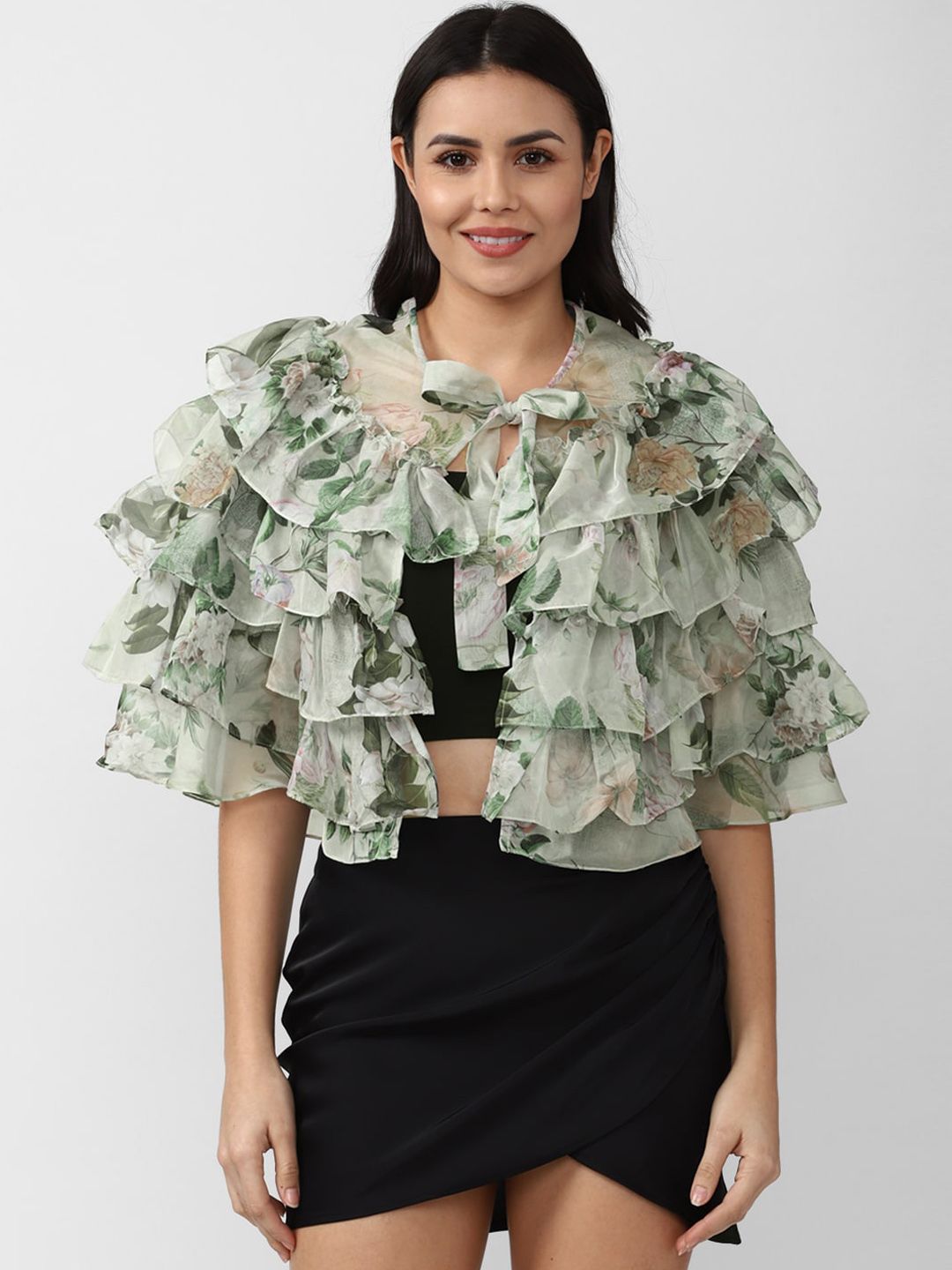 FOREVER 21 Women Green Floral Ruffled Cape Top Price in India