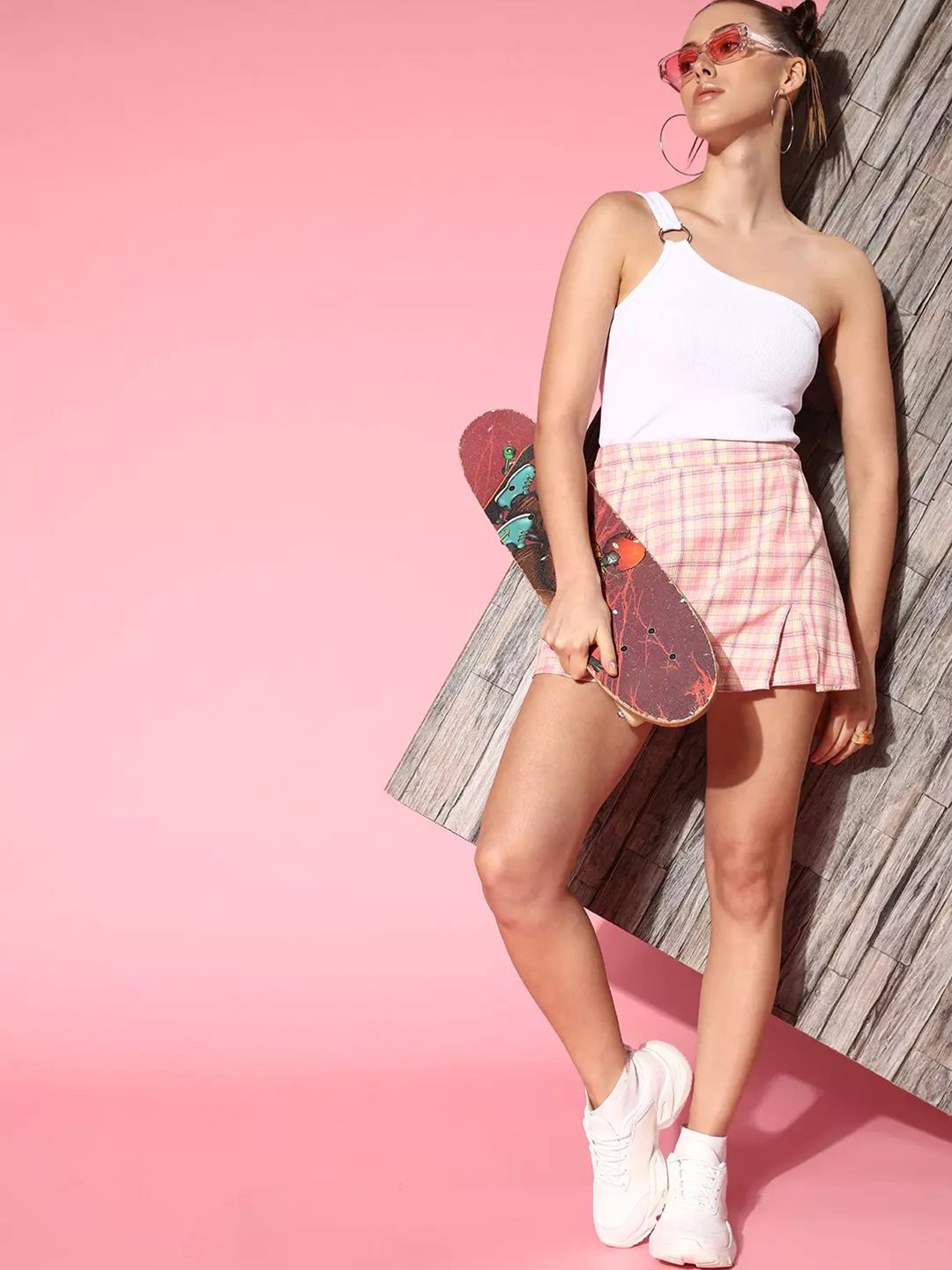 Berrylush   Pink Checked Uniform Dressing Skirt