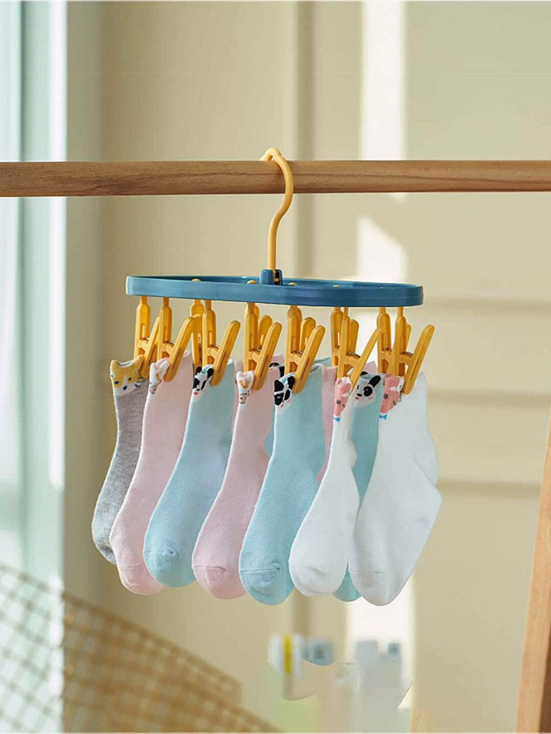 MARKET99  Yellow & Blue Solid Cloth Drying Stand Hanger With 12 Clips Price in India