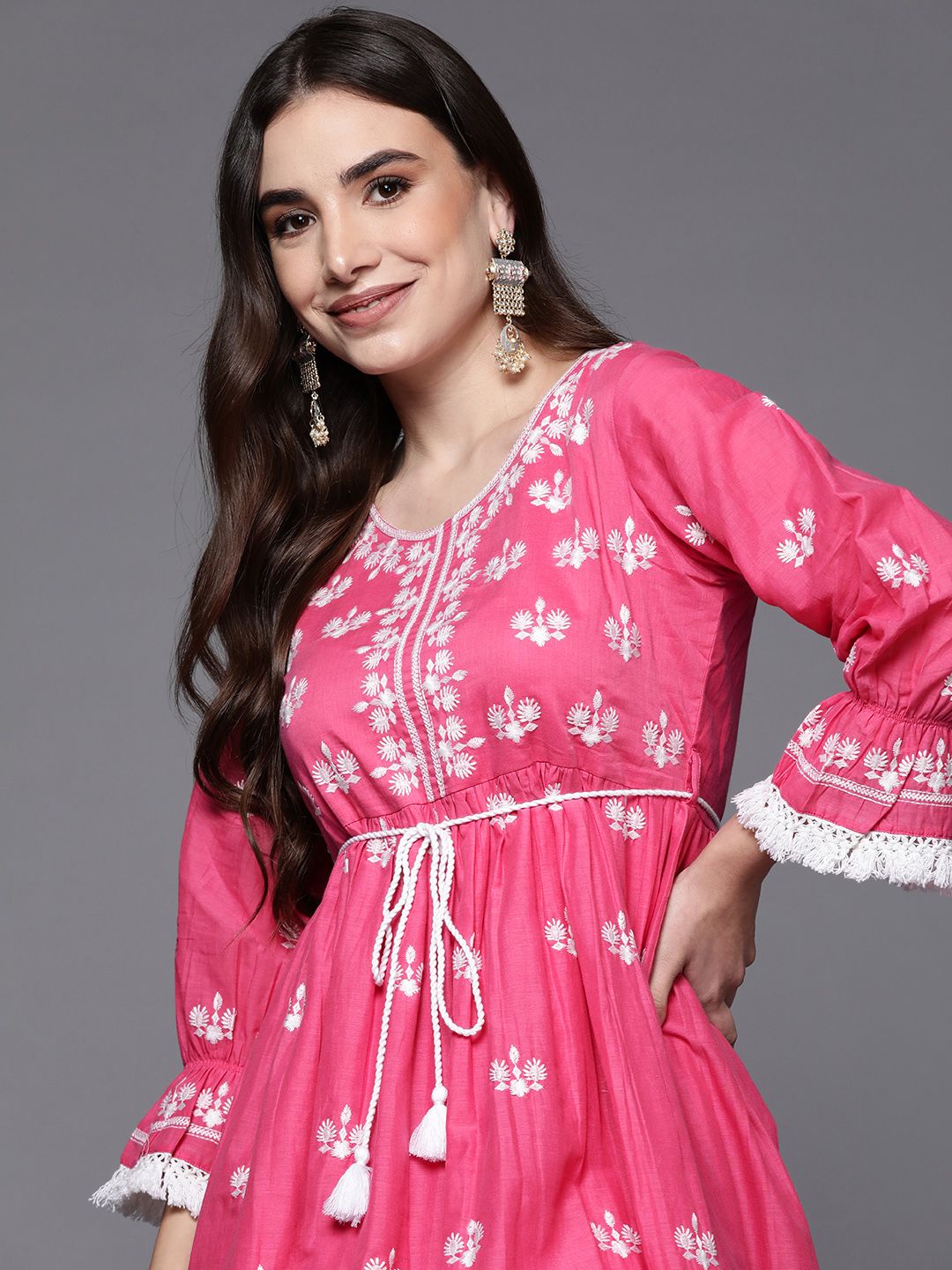 Indo Era Pink Ethnic Motifs Embroidered Cotton Ethnic A-Line Dress Price in India