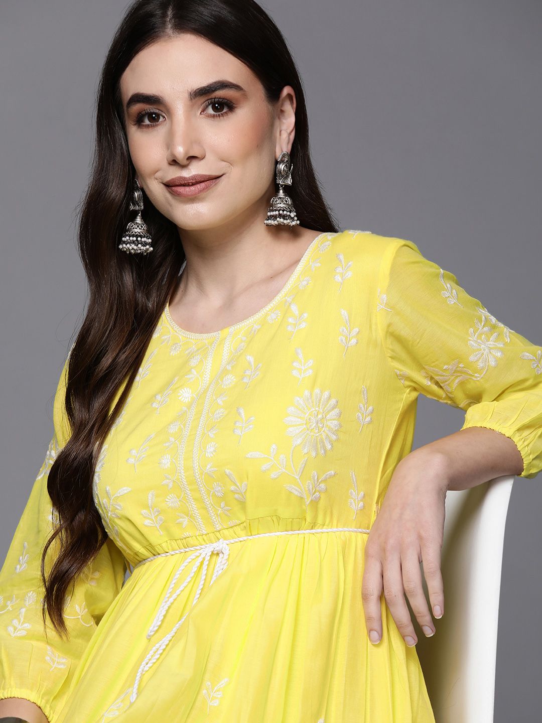 Indo Era Yellow Floral Embroidered Ethnic A-Line Dress Price in India