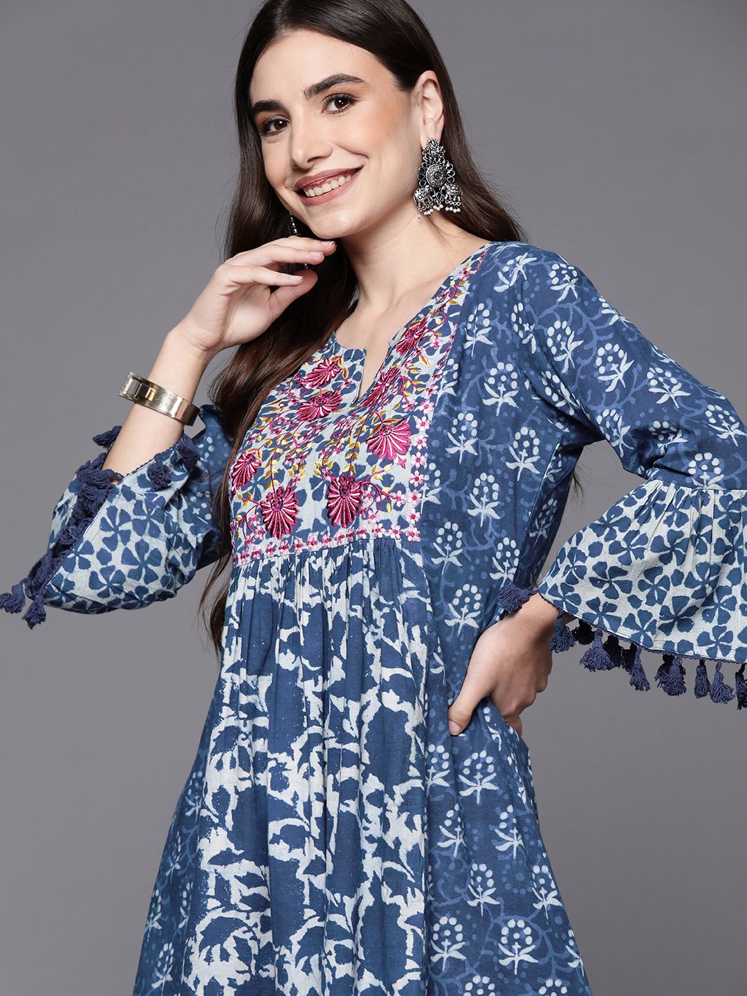 Indo Era Blue Floral Embroidered Ethnic A-Line Dress Price in India