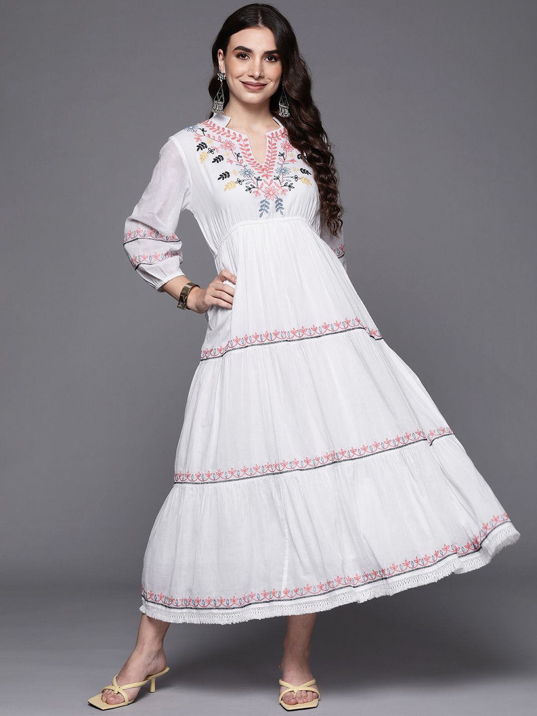 Indo Era White Floral Embroidered Ethnic A-Line Dress Price in India