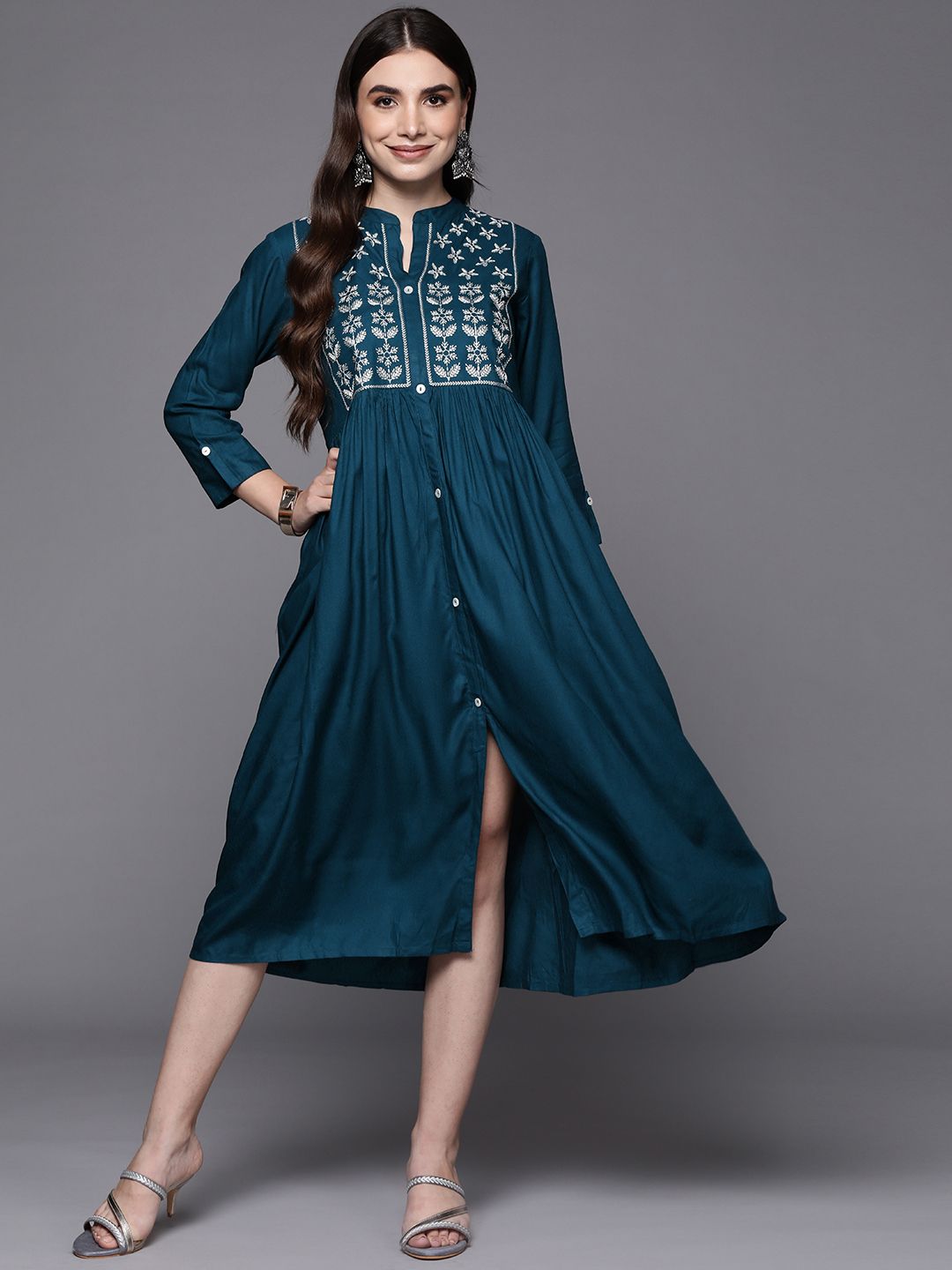 Indo Era Teal Floral Embroidered Ethnic A-Line Midi Dress Price in India