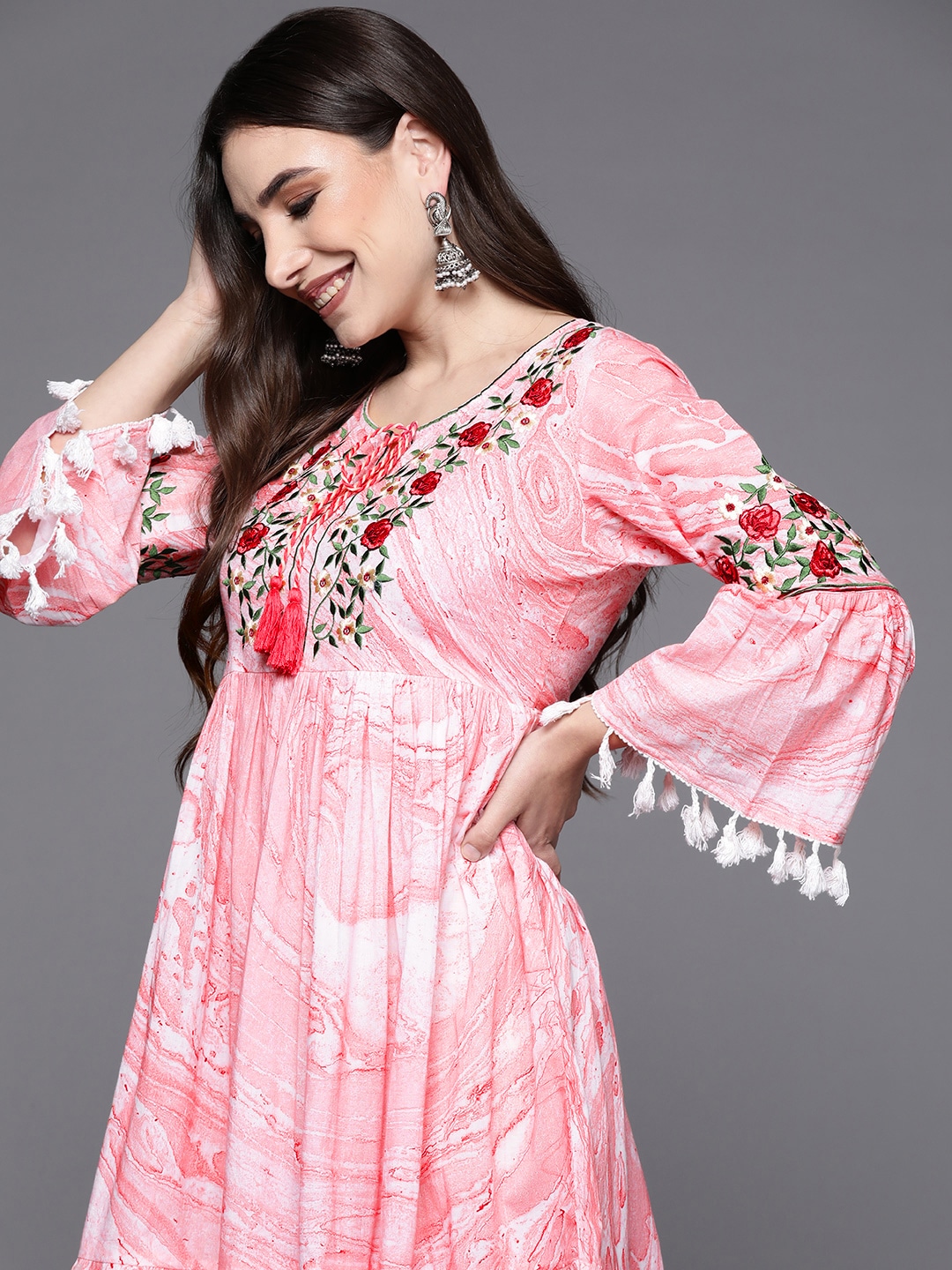 Indo Era Peach-Coloured Floral Embroidered Tie-Up Neck Ethnic A-Line Dress Price in India