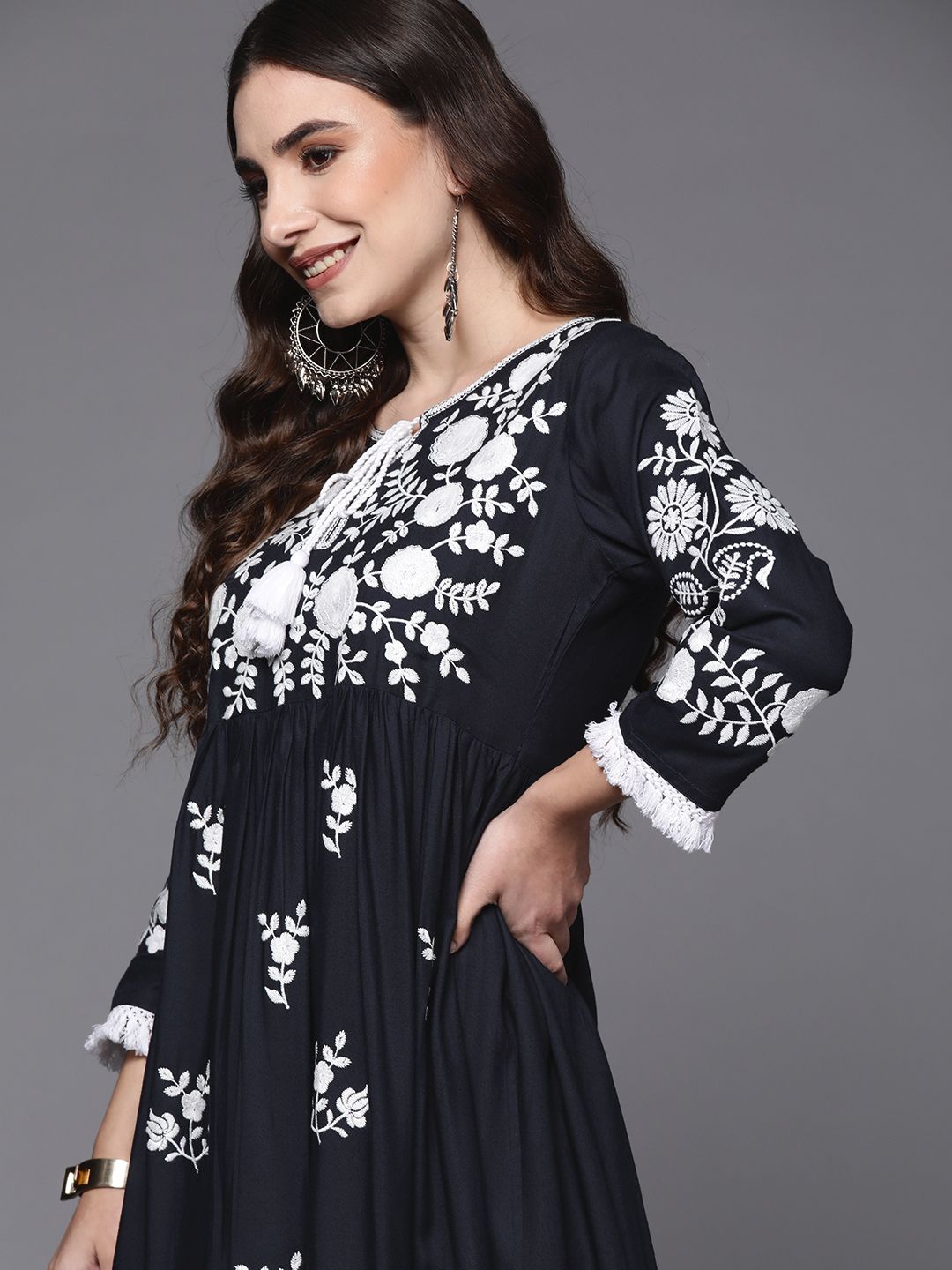Indo Era Navy Blue & White Floral Embroidered Tie-Up Neck Ethnic A-Line Midi Dress Price in India