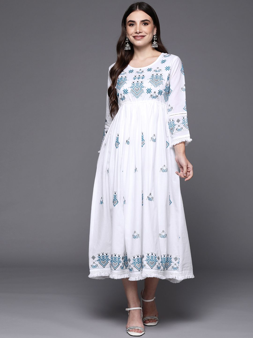 Indo Era White Ethnic Motifs Embroidered Ethnic A-Line Midi Dress Price in India