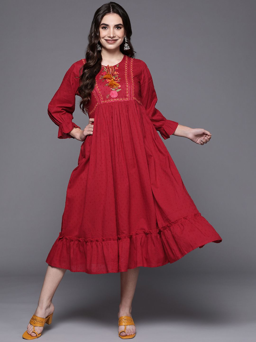 Indo Era Red Floral Embroidered Tie-Up Neck Ethnic A-Line Midi Dress Price in India