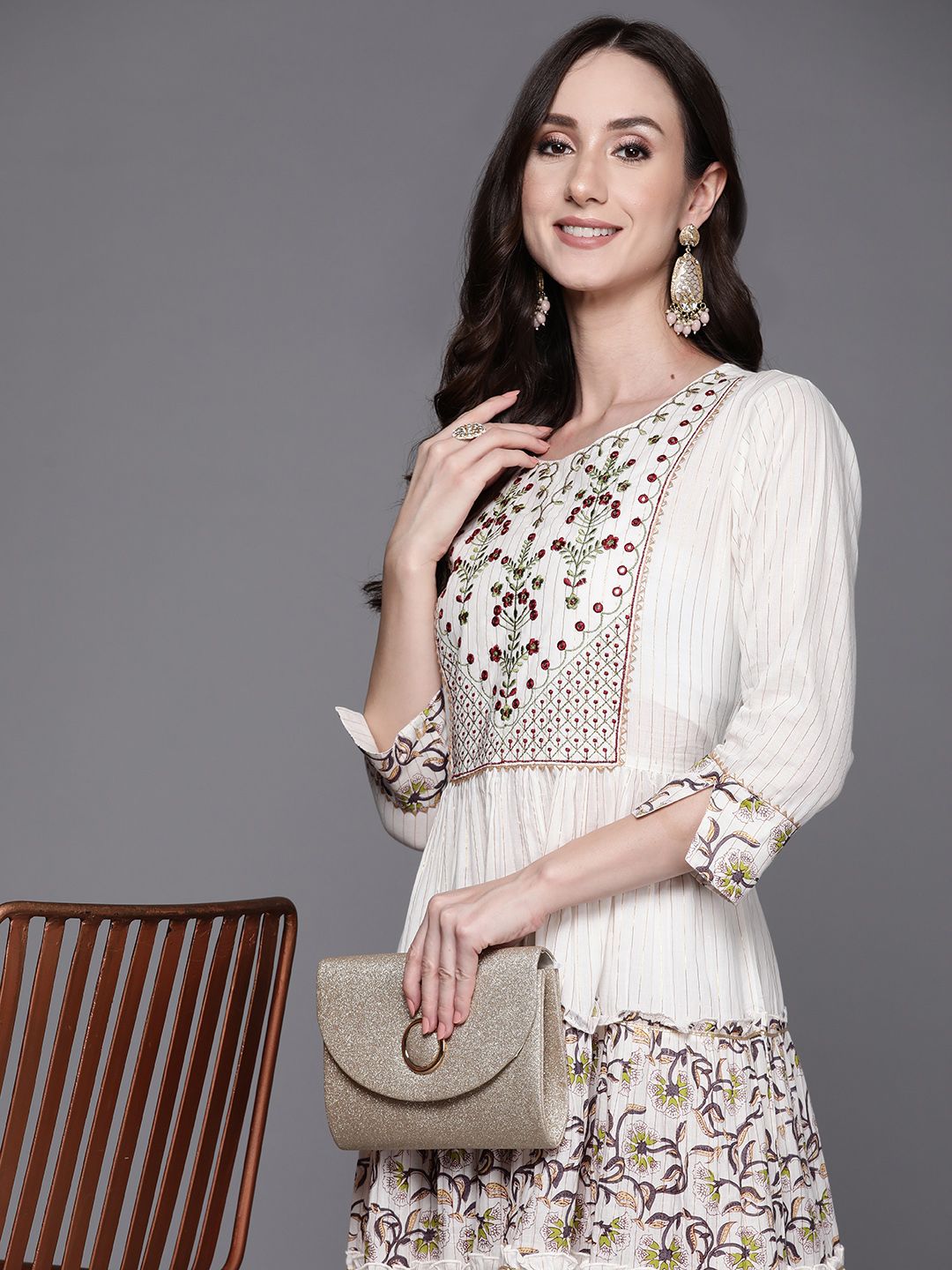 Indo Era Off White Floral Embroidered Ethnic Cotton A-Line Midi Dress Price in India