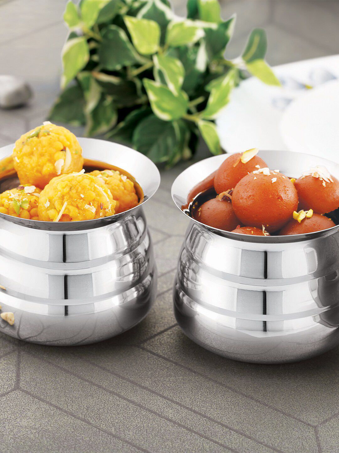 HAZEL Set Of 2 Silver-Toned Solid Handi With Lid Price in India