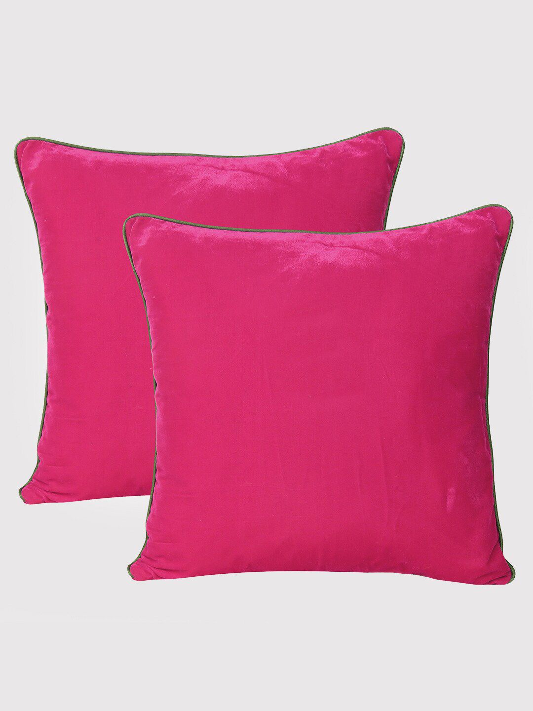 OUSSUM Pink & Green Set of 2 Velvet Square Cushion Covers Price in India