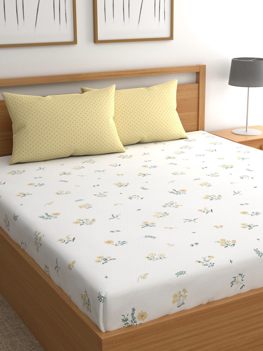 CHHAVI INDIA White & Yellow Floral 210 TC Queen Bedsheet with 2 Pillow Covers Price in India