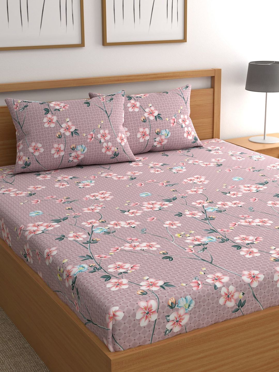 CHHAVI INDIA Purple & Blue Floral 210 TC Queen Bedsheet with 2 Pillow Covers Price in India