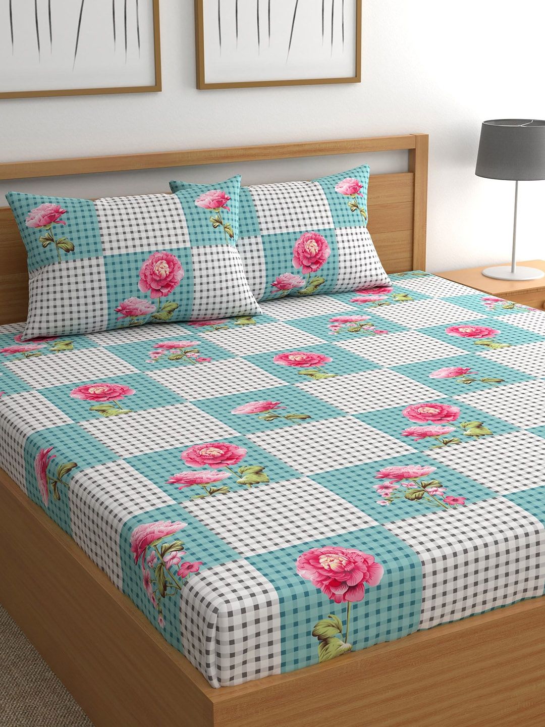 CHHAVI INDIA Blue & Pink Floral 210 TC Queen Bedsheet with 2 Pillow Covers Price in India