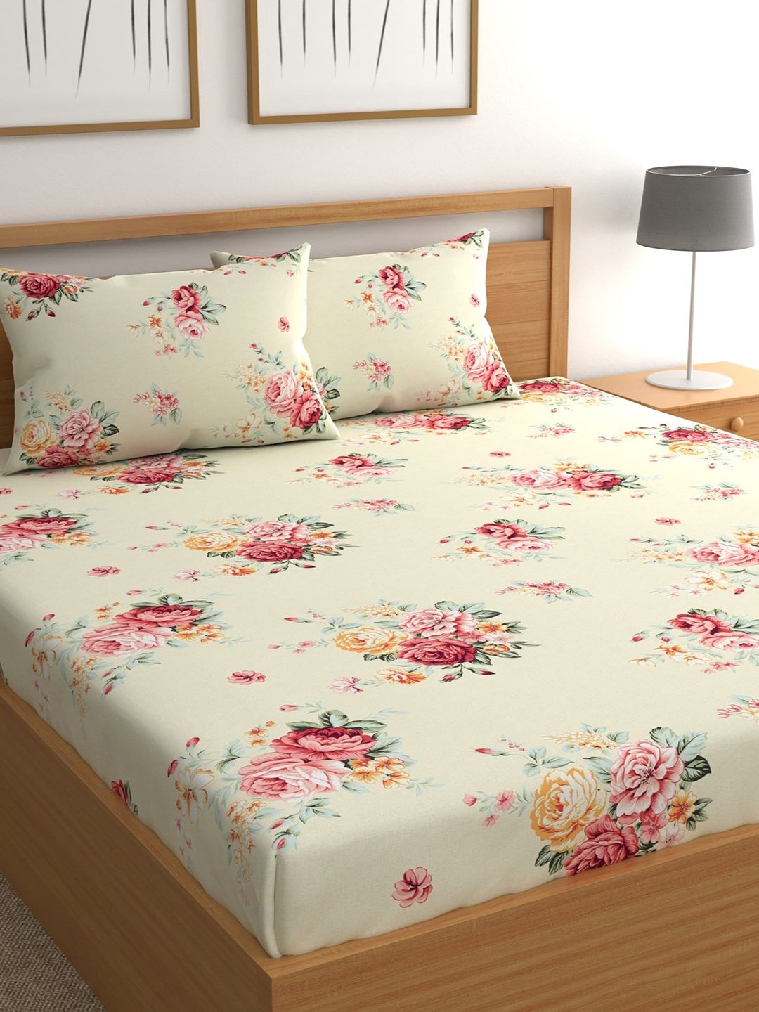 CHHAVI INDIA Cream-Coloured & Pink Floral 210 TC Queen Bedsheet with 2 Pillow Covers Price in India