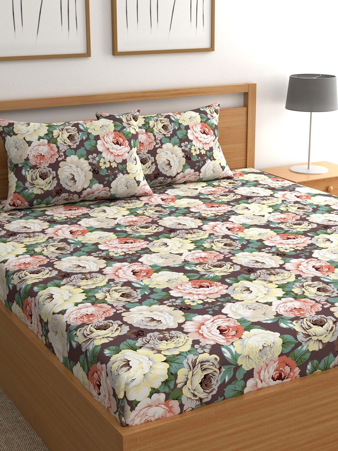CHHAVI INDIA Grey Floral 210 TC Queen Bedsheet with 2 Pillow Covers Price in India
