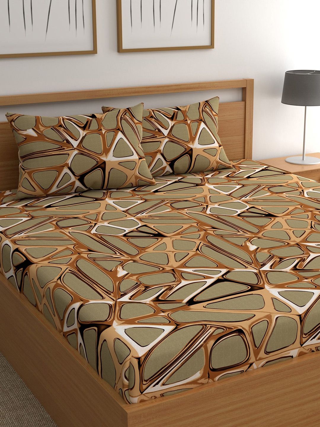 CHHAVI INDIA Brown & Olive Green Geometric 210 TC Queen Bedsheet with 2 Pillow Covers Price in India