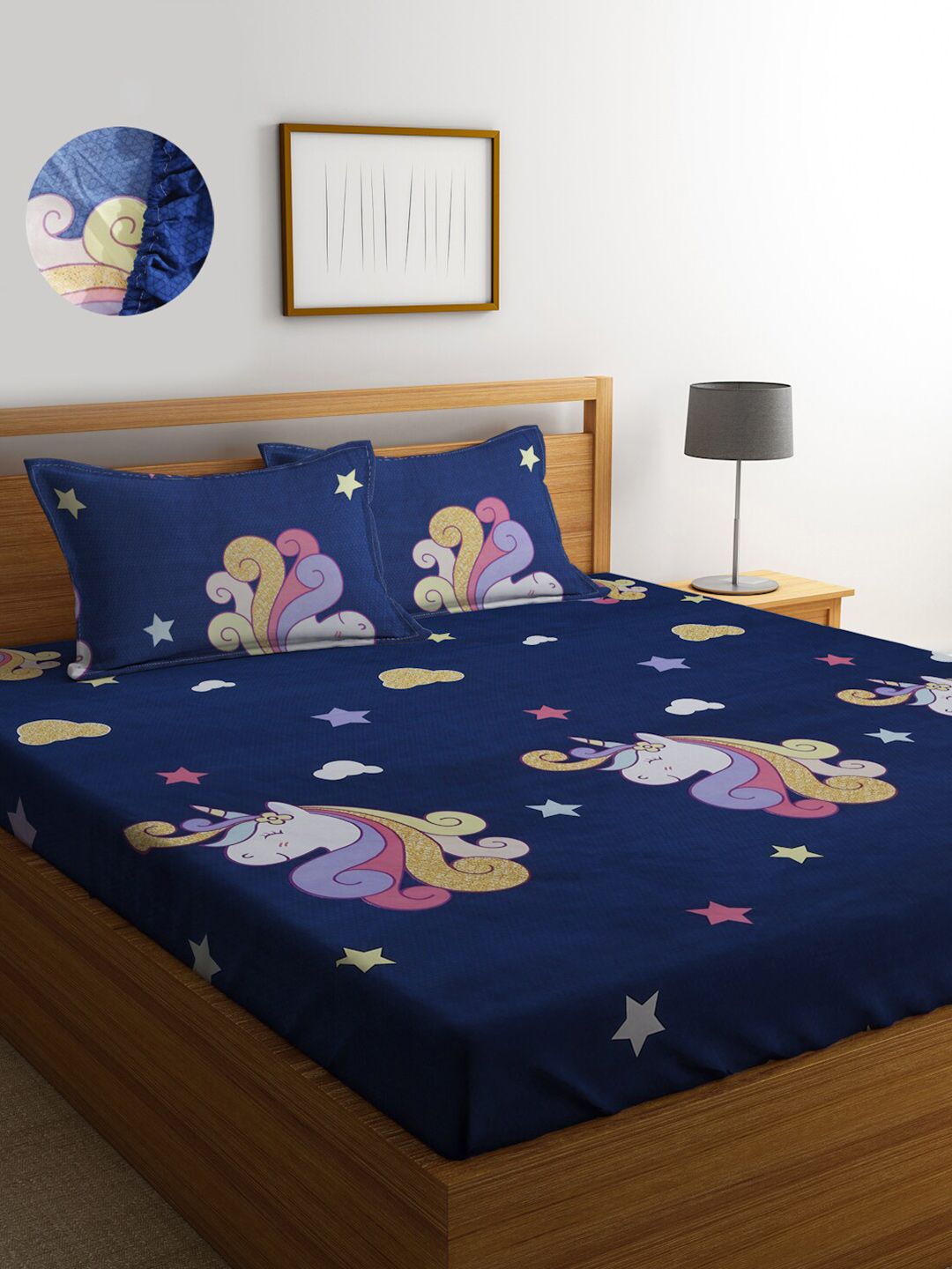 KLOTTHE Blue Conversational Polycotton 300 TC Fitted King Fine Bedsheet with 2 Pillow Covers-250 x 225 cm