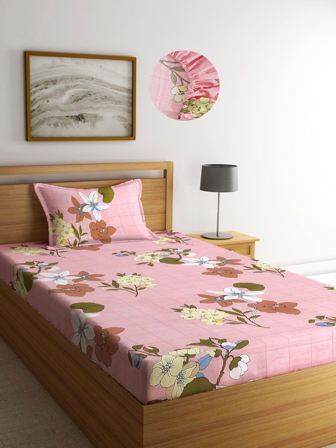 KLOTTHE Pink & Brown Floral 300 TC Single Bedsheet with 1 Pillow Covers Price in India