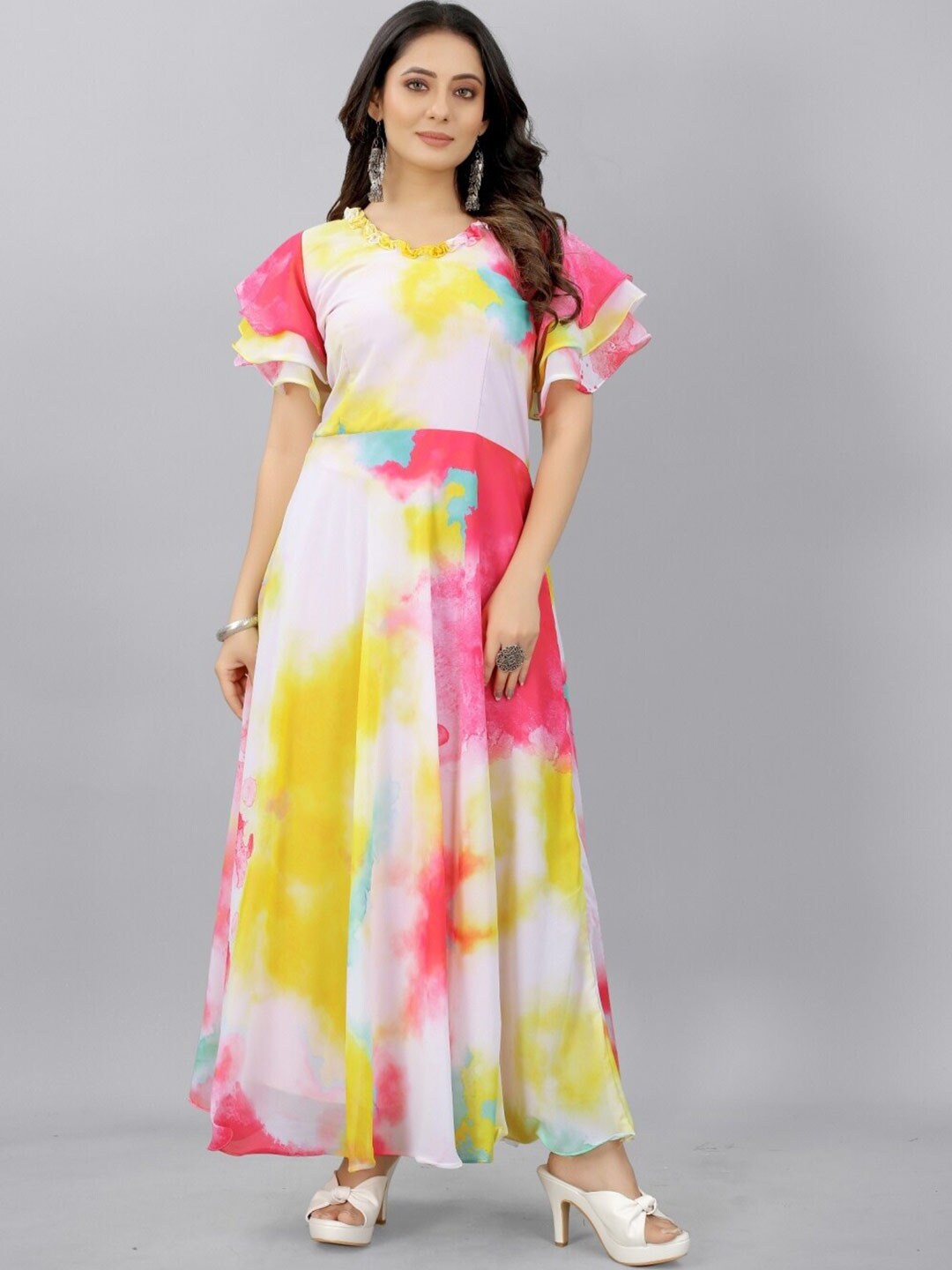 APNISHA Multicoloured Women's Weightless Printed Georgette Ethnic Maxi Dress Price in India