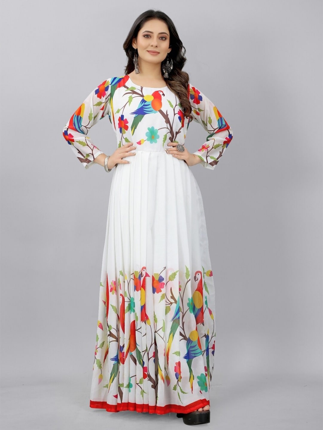 APNISHA Off White Floral Georgette Ethnic Maxi Dress Price in India