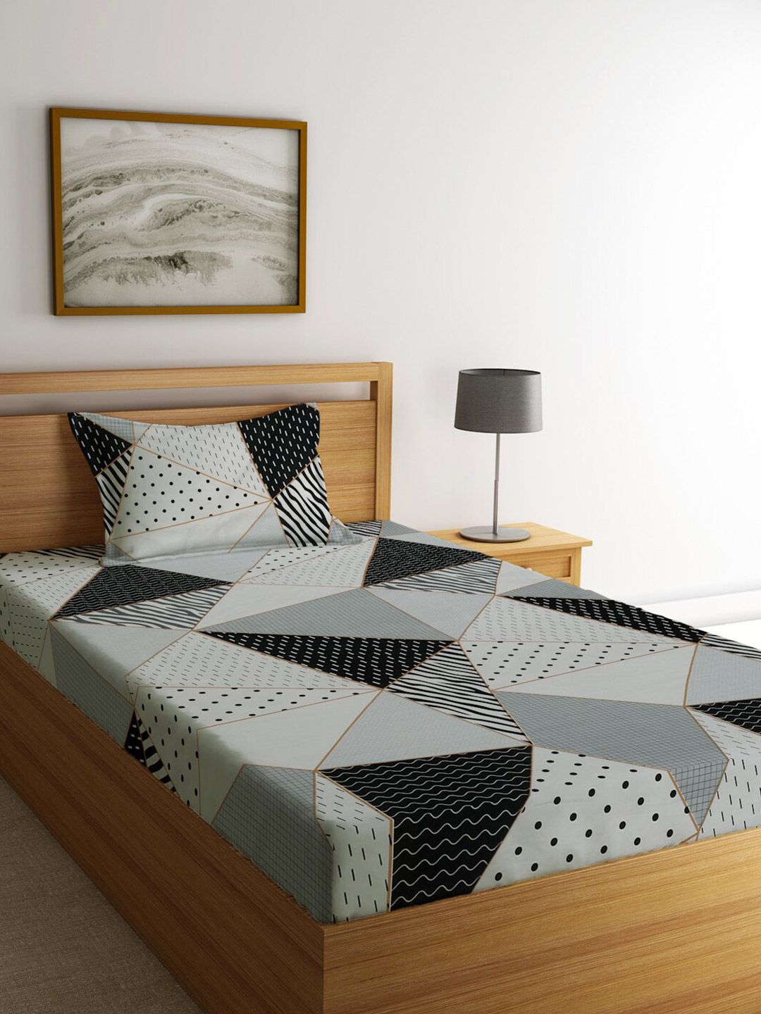 KLOTTHE White & Black Geometric 300 TC Single Bedsheet with 1 Pillow Covers Price in India