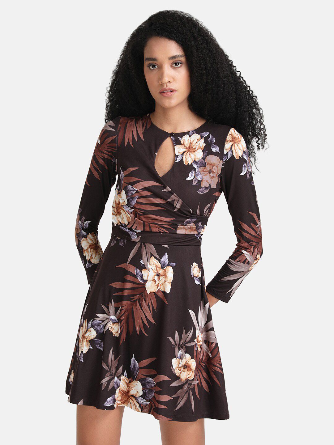 Kazo Brown Floral Keyhole Neck Dress Price in India