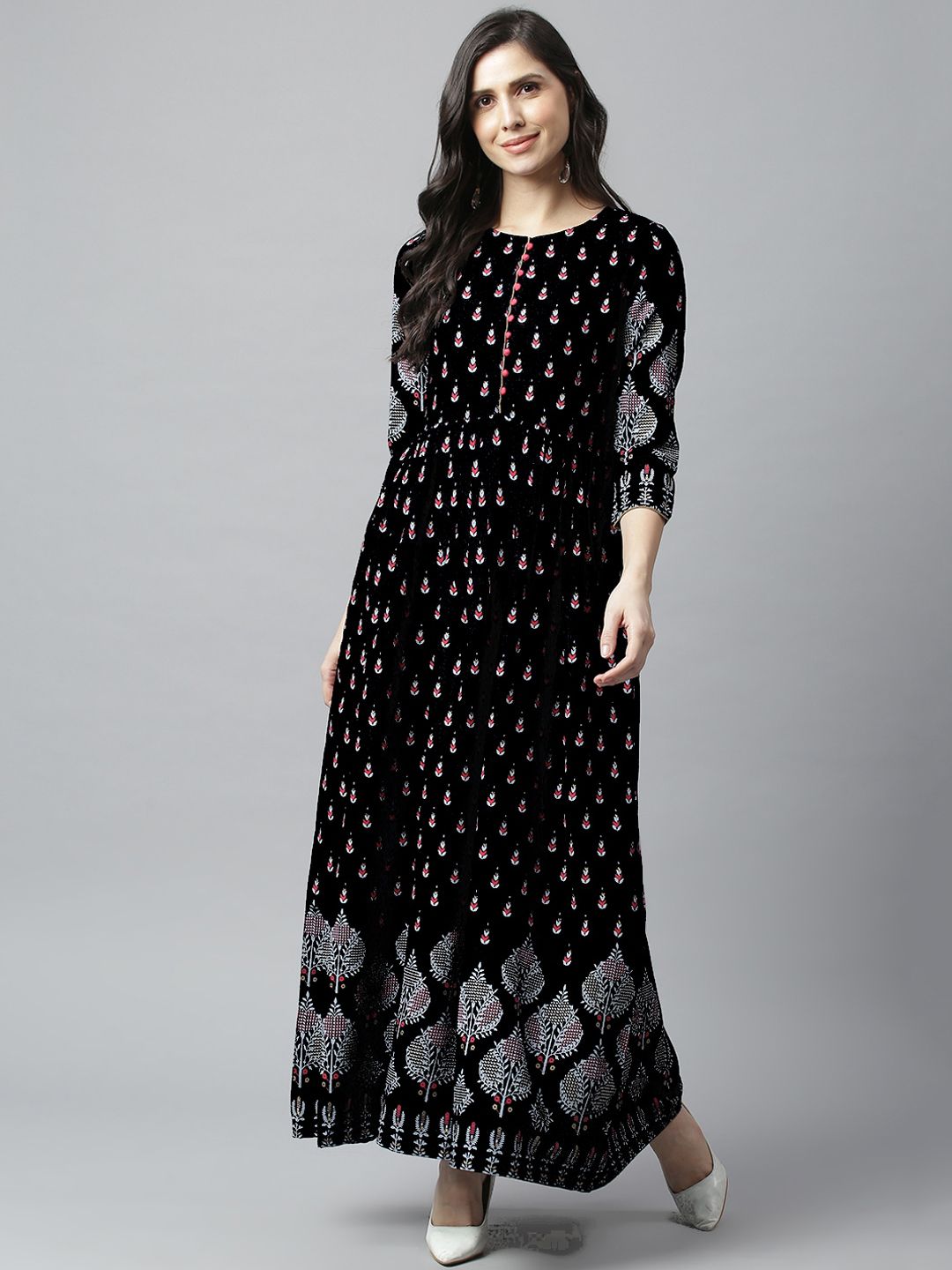 METRO-FASHION Women Black Printed Flared Ethnic Maxi Dress Price in India