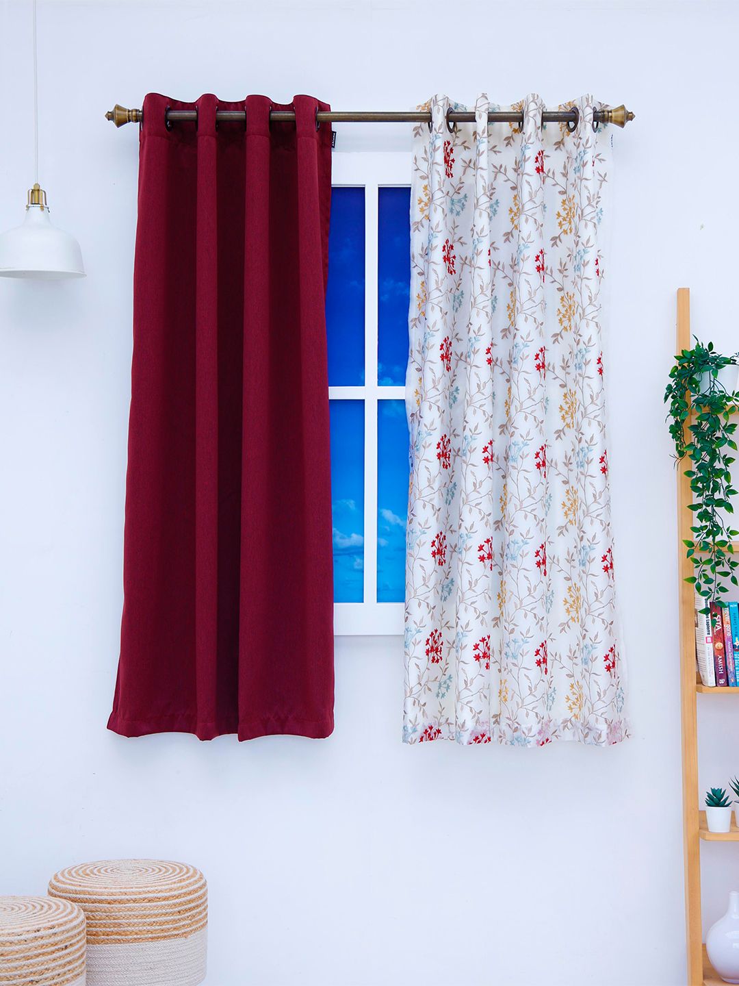 Ariana Maroon & White Pack of 2 Solid & Printed Window Curtains Price in India