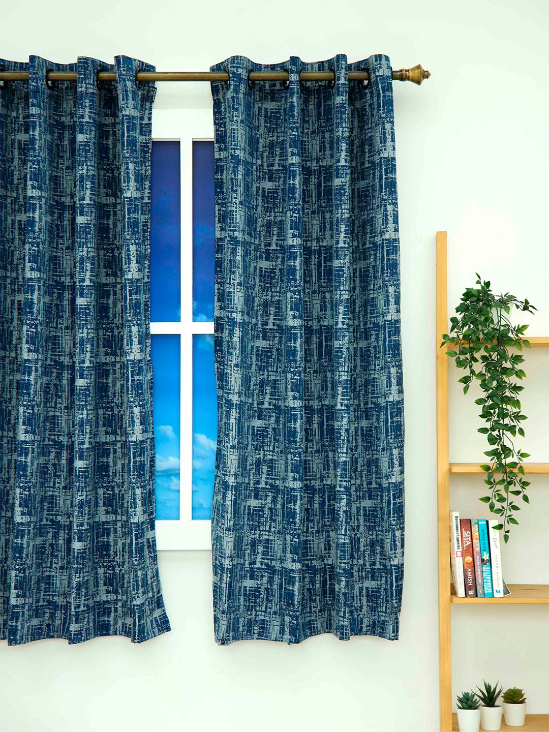 Ariana Navy Blue & White Printed Room Darkening Window Curtain Price in India