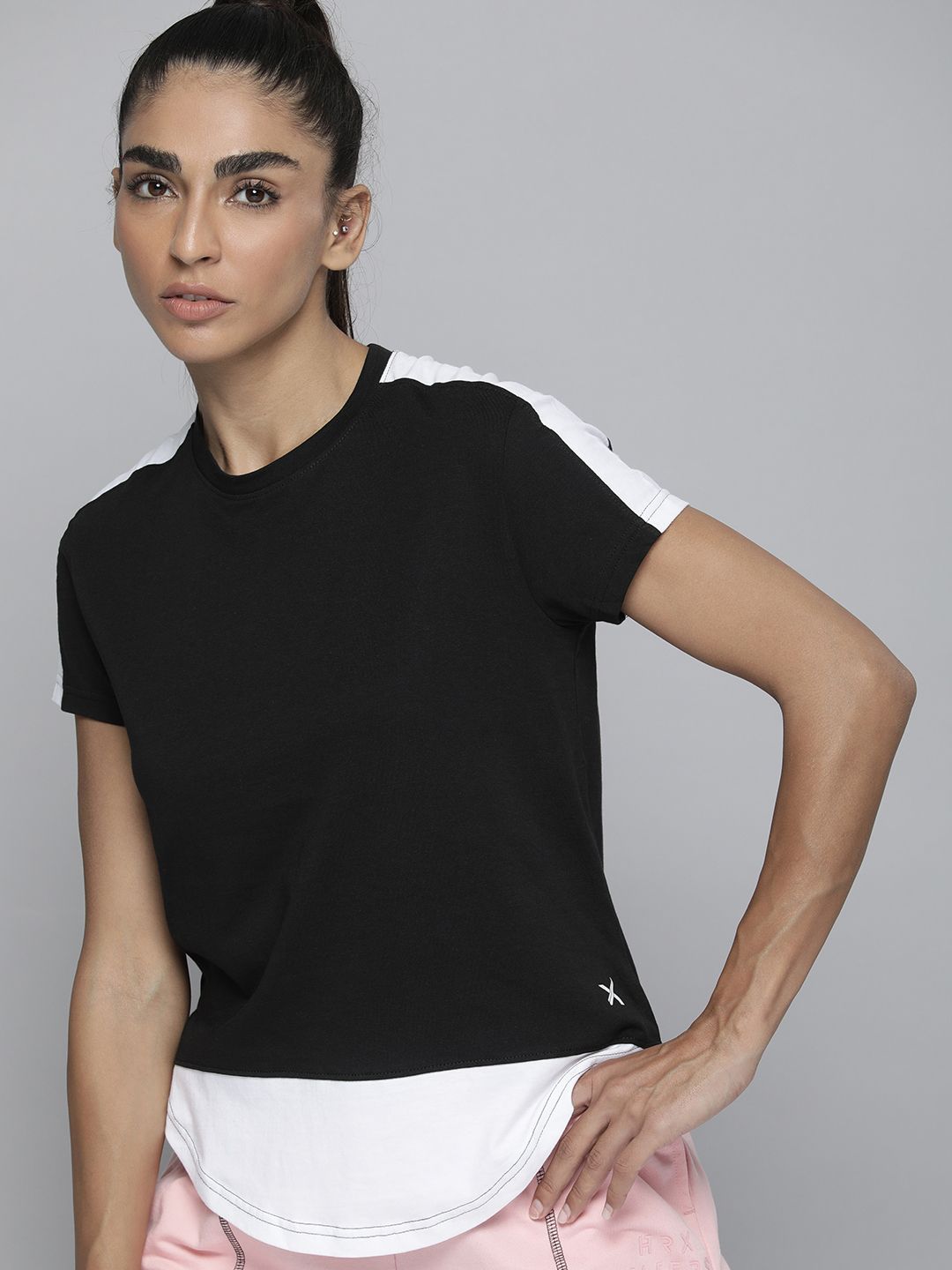 HRX by Hrithik Roshan Women Black & White Pure Cotton Colourblocked T-shirt Price in India