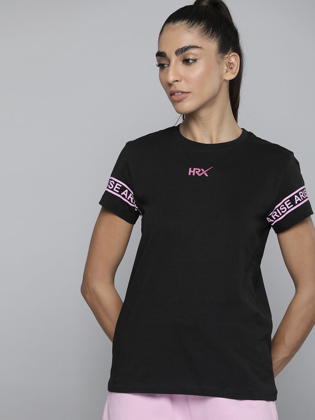 HRX by Hrithik Roshan Women Black & Pink Pure Cotton Brand Logo Printed T-shirt Price in India