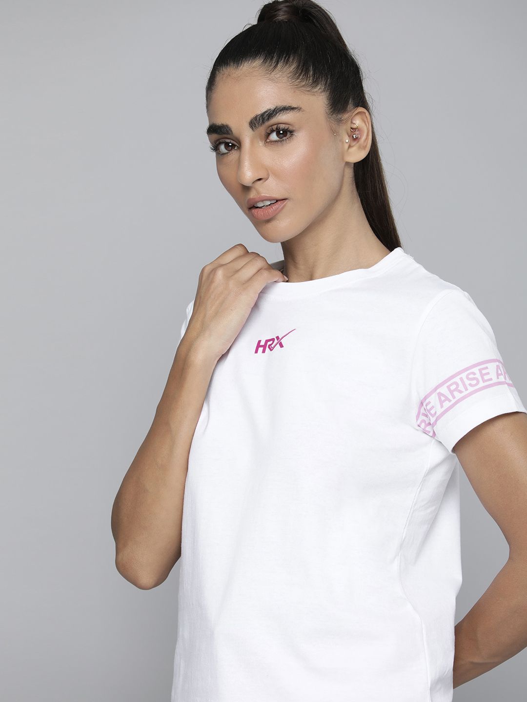 HRX by Hrithik Roshan Women White & Magenta Pure Cotton Brand Logo Printed T-shirt Price in India